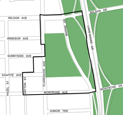 Montrose/Clarendon TIF district, roughly bounded on the north by Wilson Avenue, Montrose Avenue on the south, Lake Shore Drive on the east, and Dayton Street on the west.